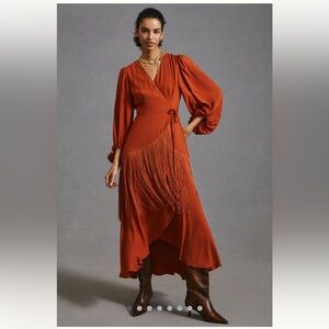 Hutch Rust Wrap Dress with Fringe Detail